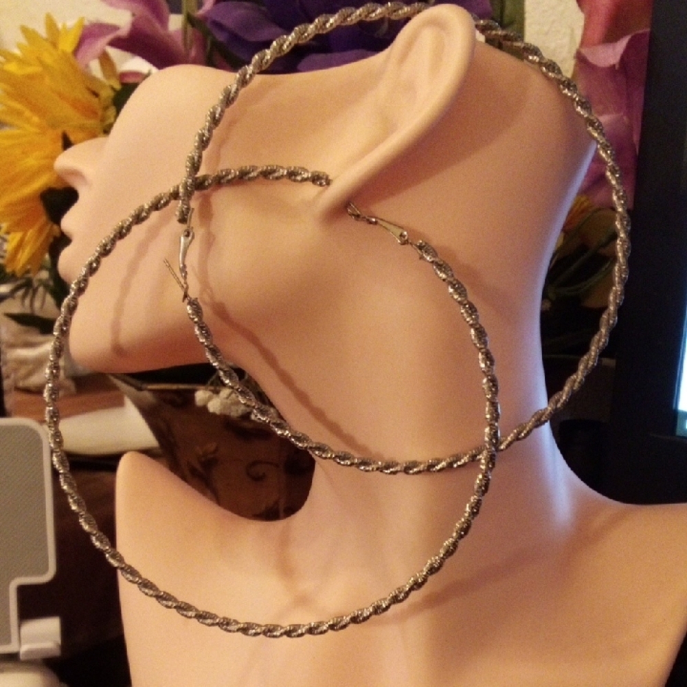 Oversized Twisted Rope Hoop Earrings - Silver Tone
